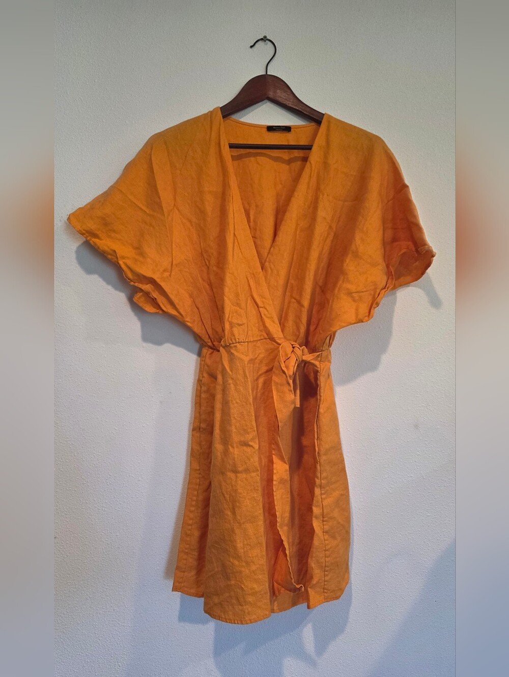 Massimo Dutti Linen Midi Dress Sz XS Tie Front Wrap Orange V-neckline Minimalist